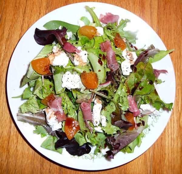 Read more about the article Mesclun Mix with Goat Cheese, Apricots, Prosciutto and Vino Cotto